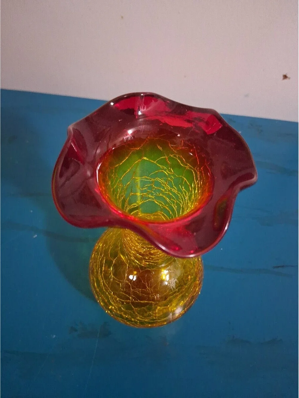 Vintage Crackle Glass Vase with Red and Yellow Gradient